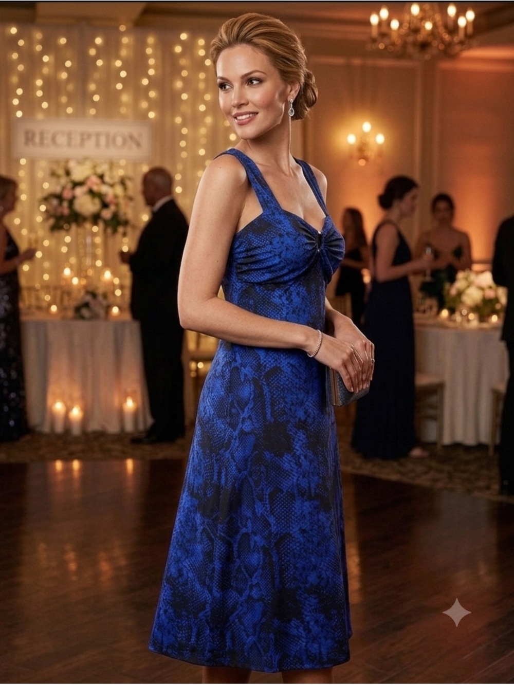 Sz L George Blue Floral Midi Dress with Sweetheart Neckline